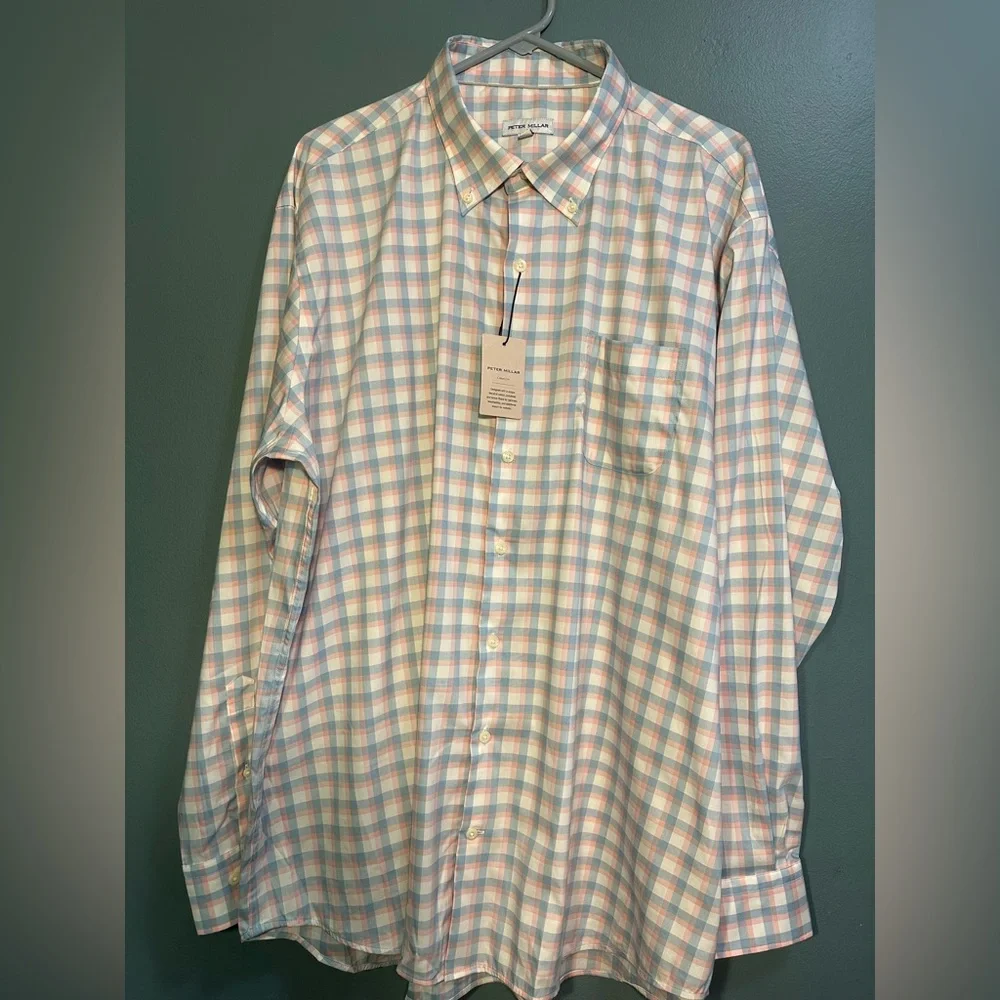 Peter Millar Men's Size 2XL Long Sleeve Button Up Shirt Pink Blue Plaid Lark NEW - Picture 2 of 7